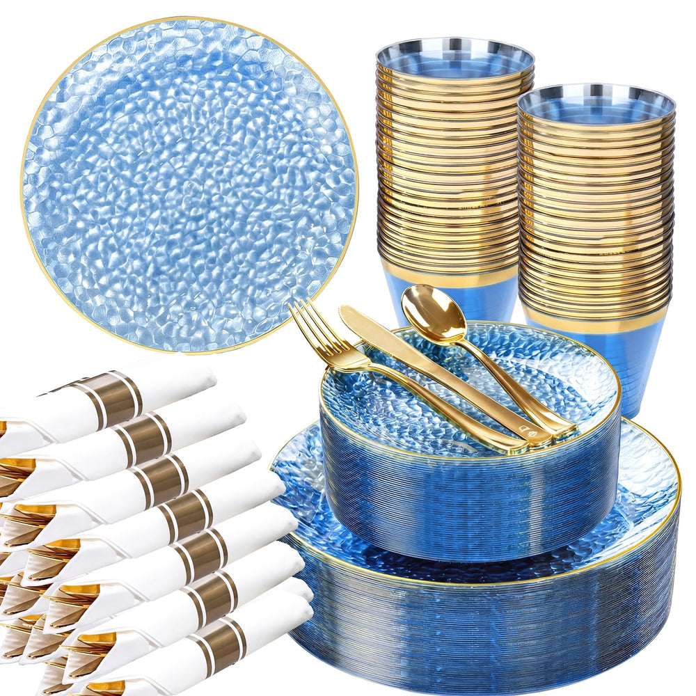 Blue Gold Plastic Dinnerware Set for 100 Party Guests