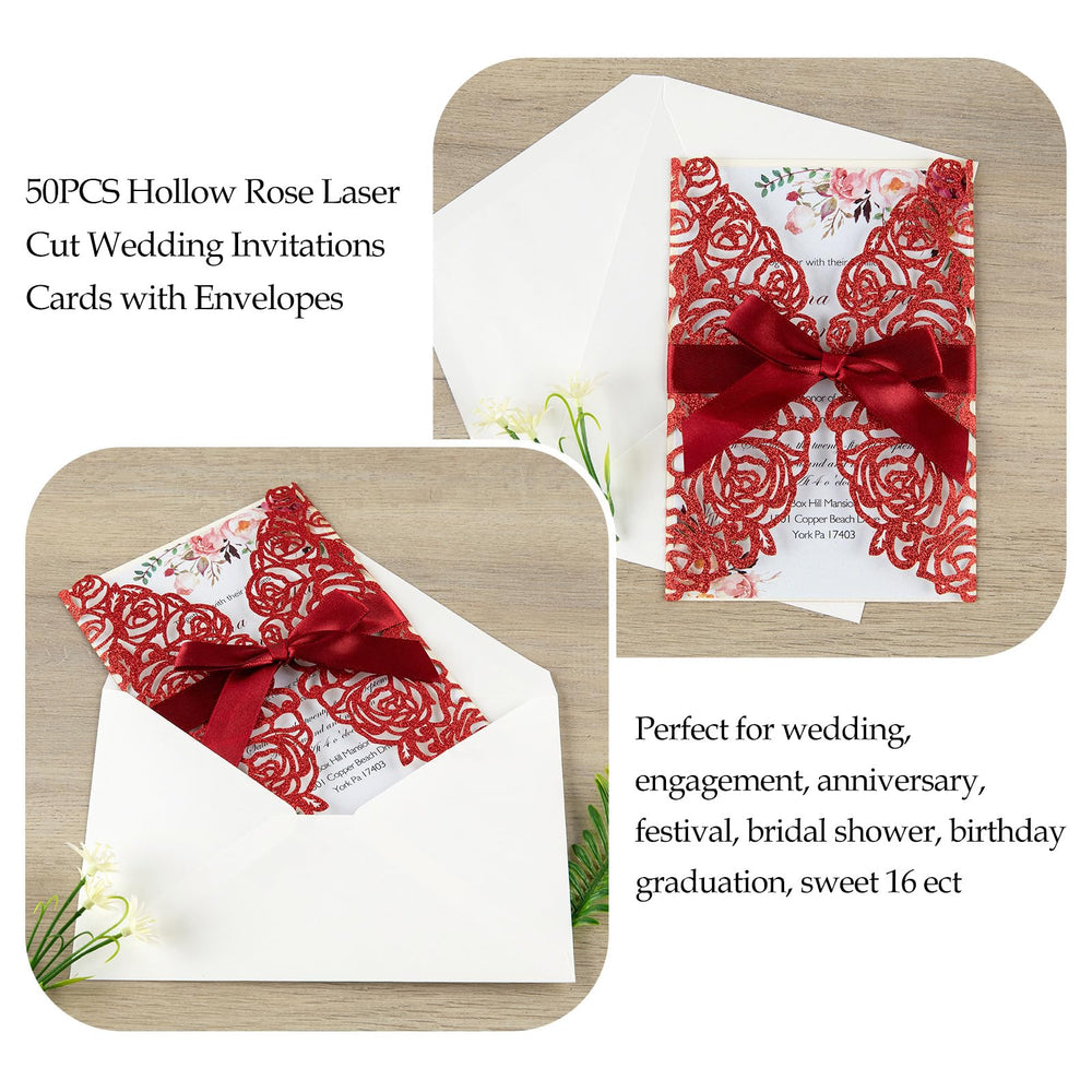 Glitter Laser Cut Wedding Invitations 50 Pack with RSVP Cards