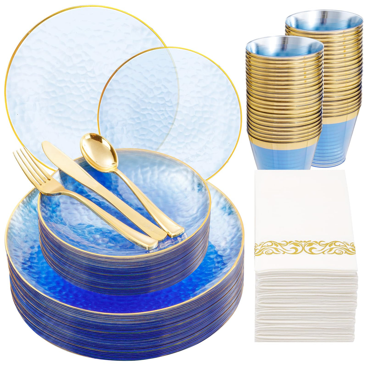 Blue Gold Plastic Dinnerware Set for 100 Party Guests