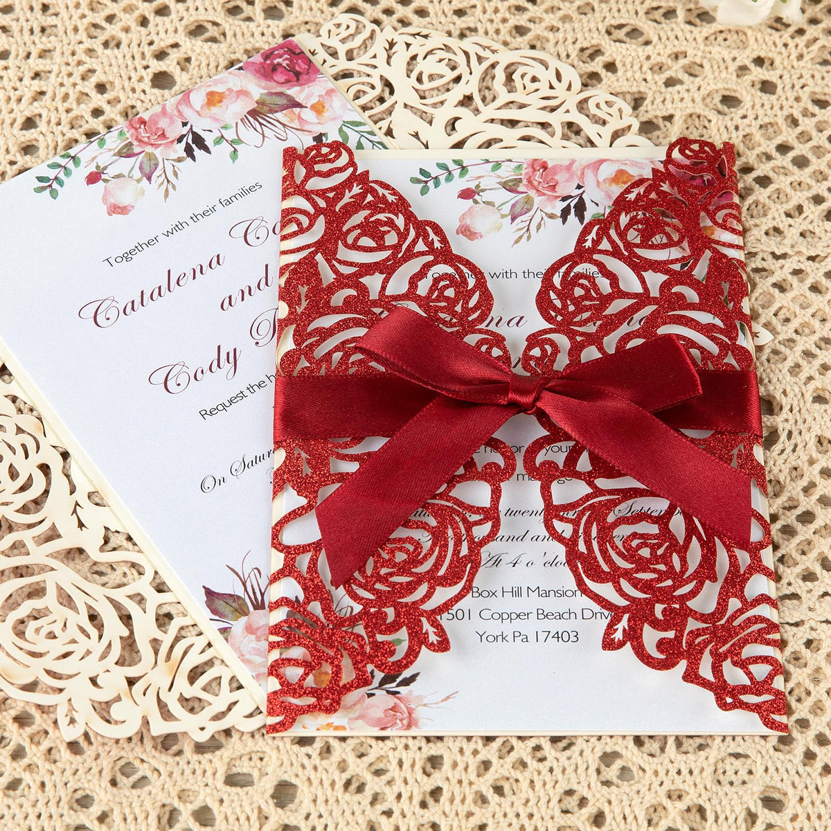 Glitter Laser Cut Wedding Invitations 50 Pack with RSVP Cards