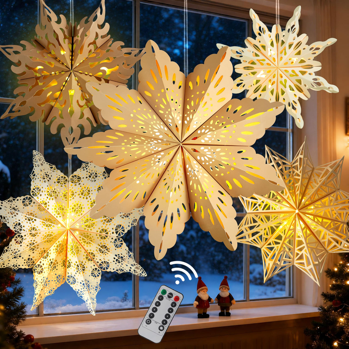 Christmas Paper Snowflake Star Lanterns with LED Lights