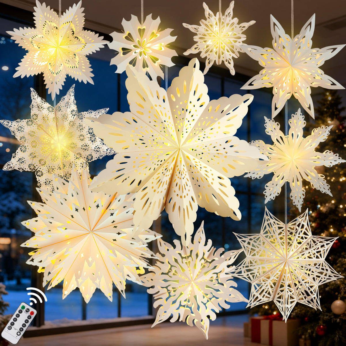 Christmas Paper Snowflake Star Lanterns with LED Lights